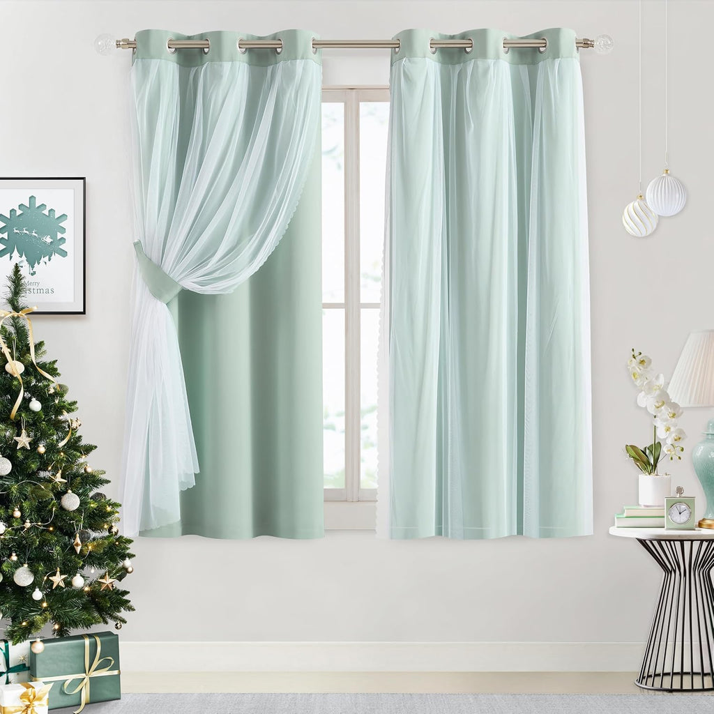 Bujasso Aqua 80% Blackout Curtains with Sheer Overlay Mix and Match Double Layer Thermal Insulated Window Panels 63 inch for Living Room Be…