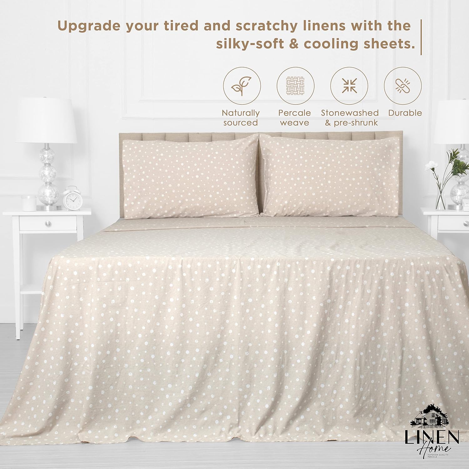 Linen Home Cotton Lyocell Blend Percale Sheet Set King Size - 4 Piece Deep Pocket Bedding, Pre-Washed & Shrunk, Crisp Cooling Fabric…