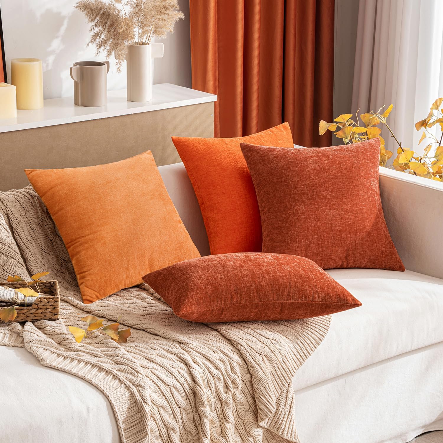 Miulee Pack of 2 Rust Throw Pillow Covers 20x20 Inch Soft Chenille Pillow Covers for Sofa Living Room Couch Solid Dyed Cases
