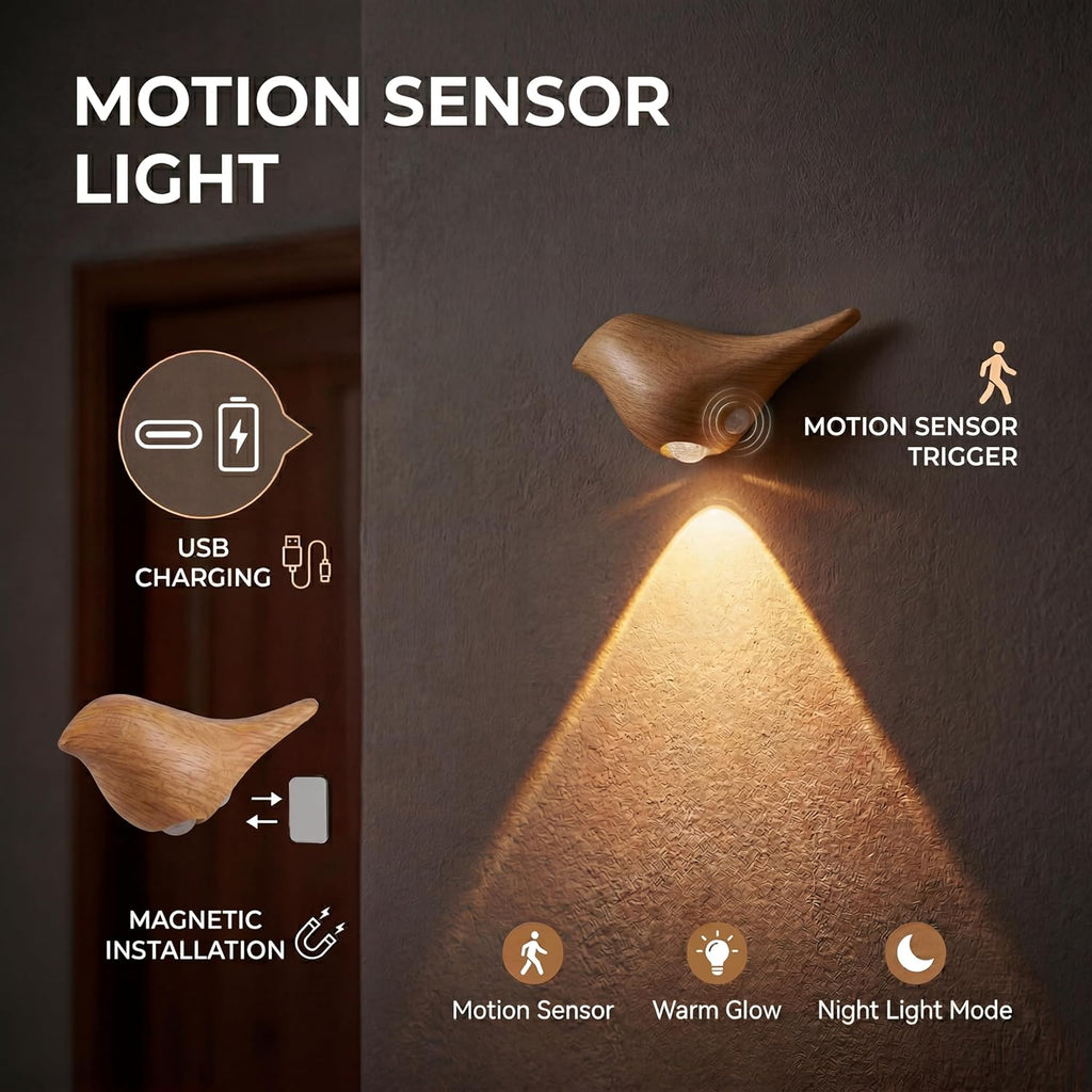 2-Pack Faux Wood Bird Wall Sconces, Timber-Look Plastic Cordless Motion Sensor Night Lights, Rechargeable Battery Operated LED Lamps for…