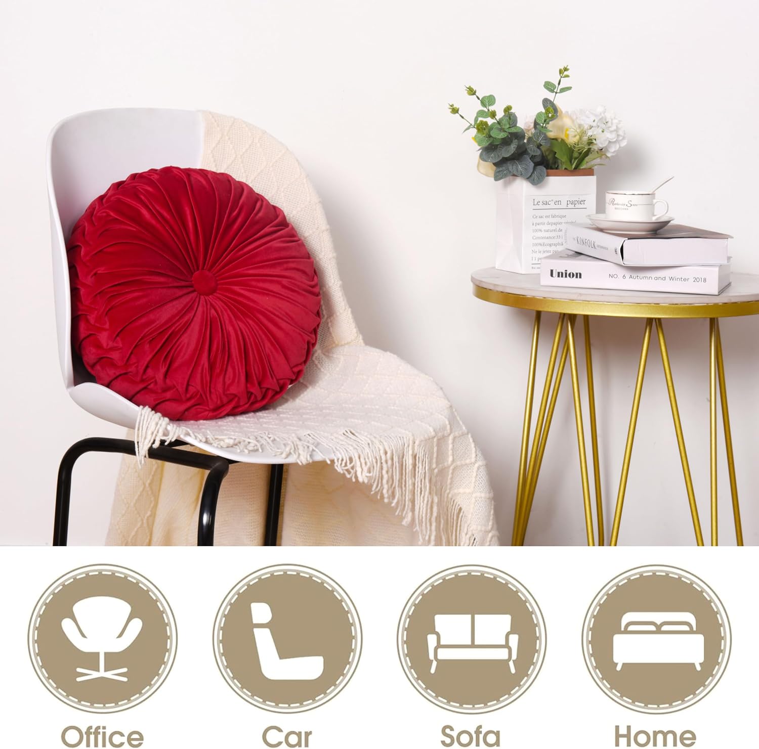 HIG Set of 2 Red Ruched Velvet Round Throw Pillows – 14.5’’ Decorative Pillows with Soft Polyester Filling for Couch, Bed, Living Room…
