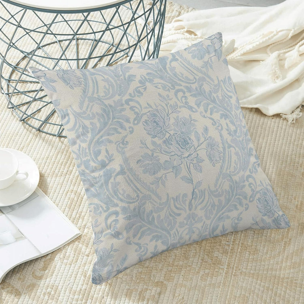 Baby Blue Pillow Covers 18x18 Inch Set of 2 Block Print Floral Throw Pillows Vintage Flower Decorative Boho Outdoor Pillow Cases…