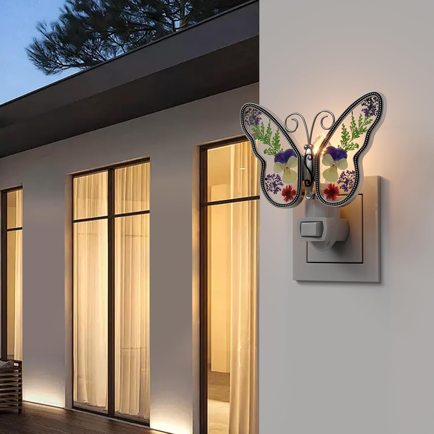 KY&BOSAM Butterfly Night Lights Plug into Wall 1-Pack 7W Plug in Night Light Dusk to Dawn 3000K Warm White Bright Real Flower+Metal…