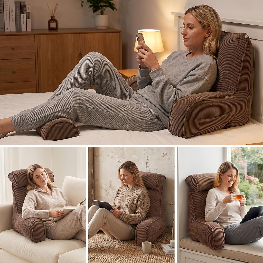 Ailuteie Reading Pillow for Sitting Up, Backrest Pillow with Arms, Corduroy Back Support Cushion with Side Pockets & Washable Cover, Bed Re…