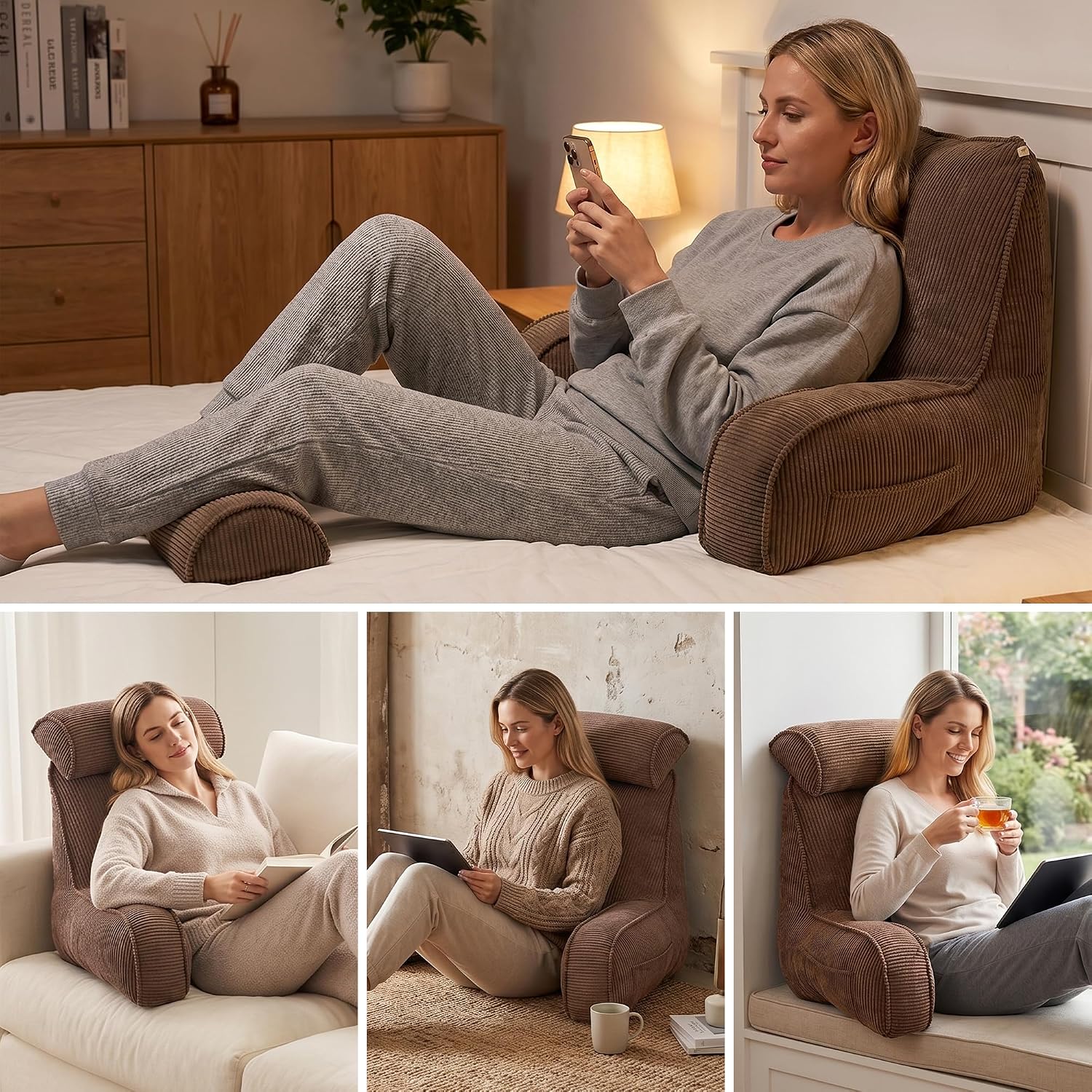 Ailuteie Reading Pillow for Sitting Up, Backrest Pillow with Arms, Corduroy Back Support Cushion with Side Pockets & Washable Cover, Bed Re…