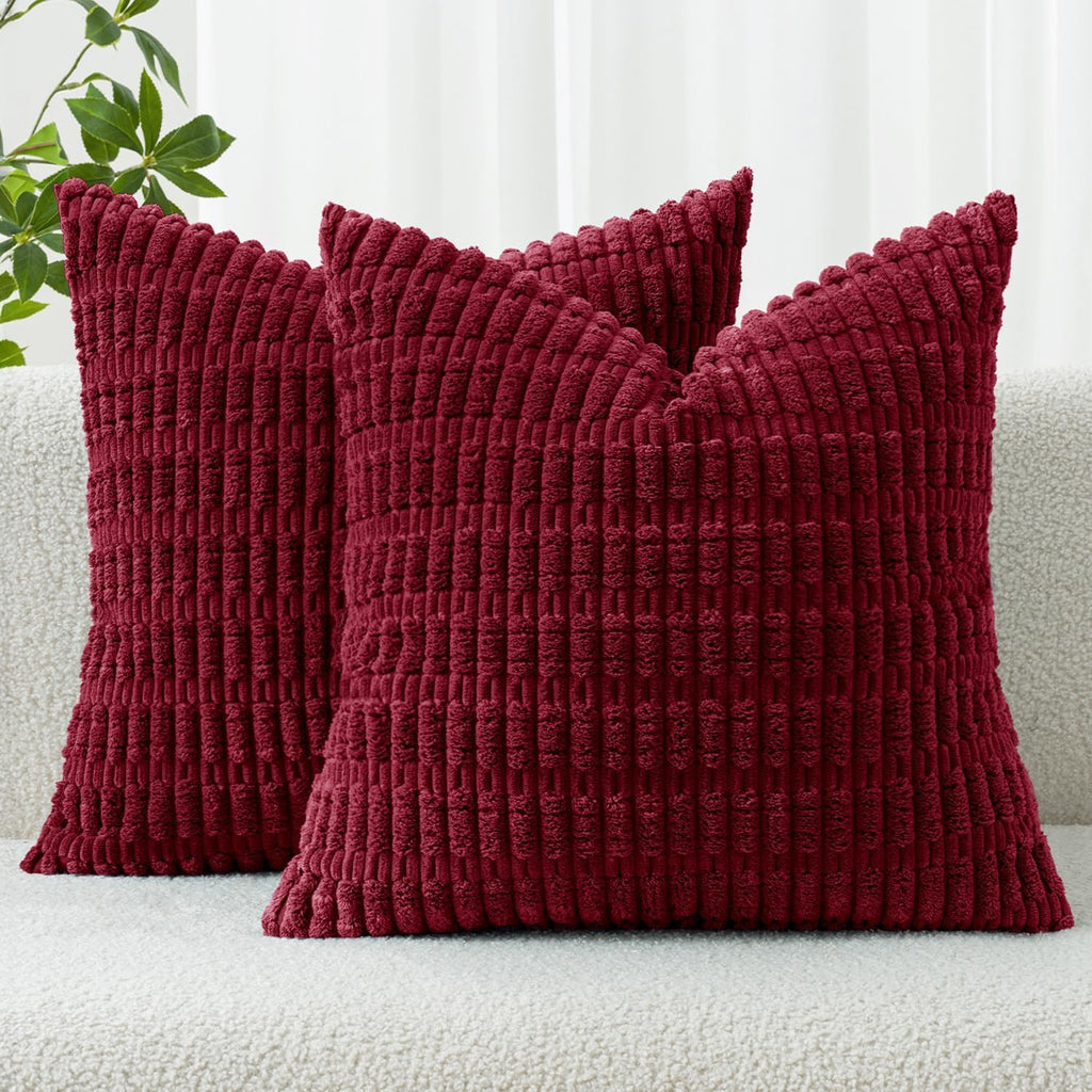 Miulee Pack of 2 Burgundy Corduroy Decorative Pillow Covers 18x18 Inch Soft Boho Striped Throw Pillow Covers Modern Farmhouse Home Decor fo…