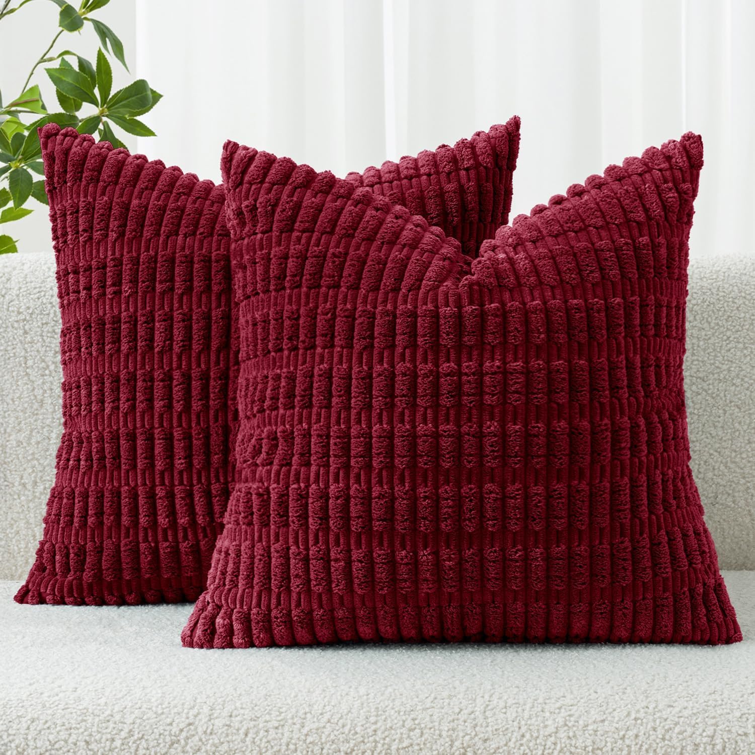 Miulee Pack of 2 Burgundy Corduroy Decorative Pillow Covers 18x18 Inch Soft Boho Striped Throw Pillow Covers Modern Farmhouse Home Decor fo…