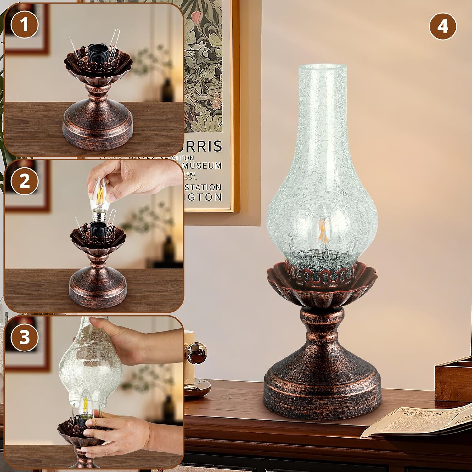 Vintage Table Lamp | Touch Control & 3-Way Dimmable Rustic Retro Farmhouse Bedside Lamp with Clear Glass Shade and LED Bulb for Bedroom…