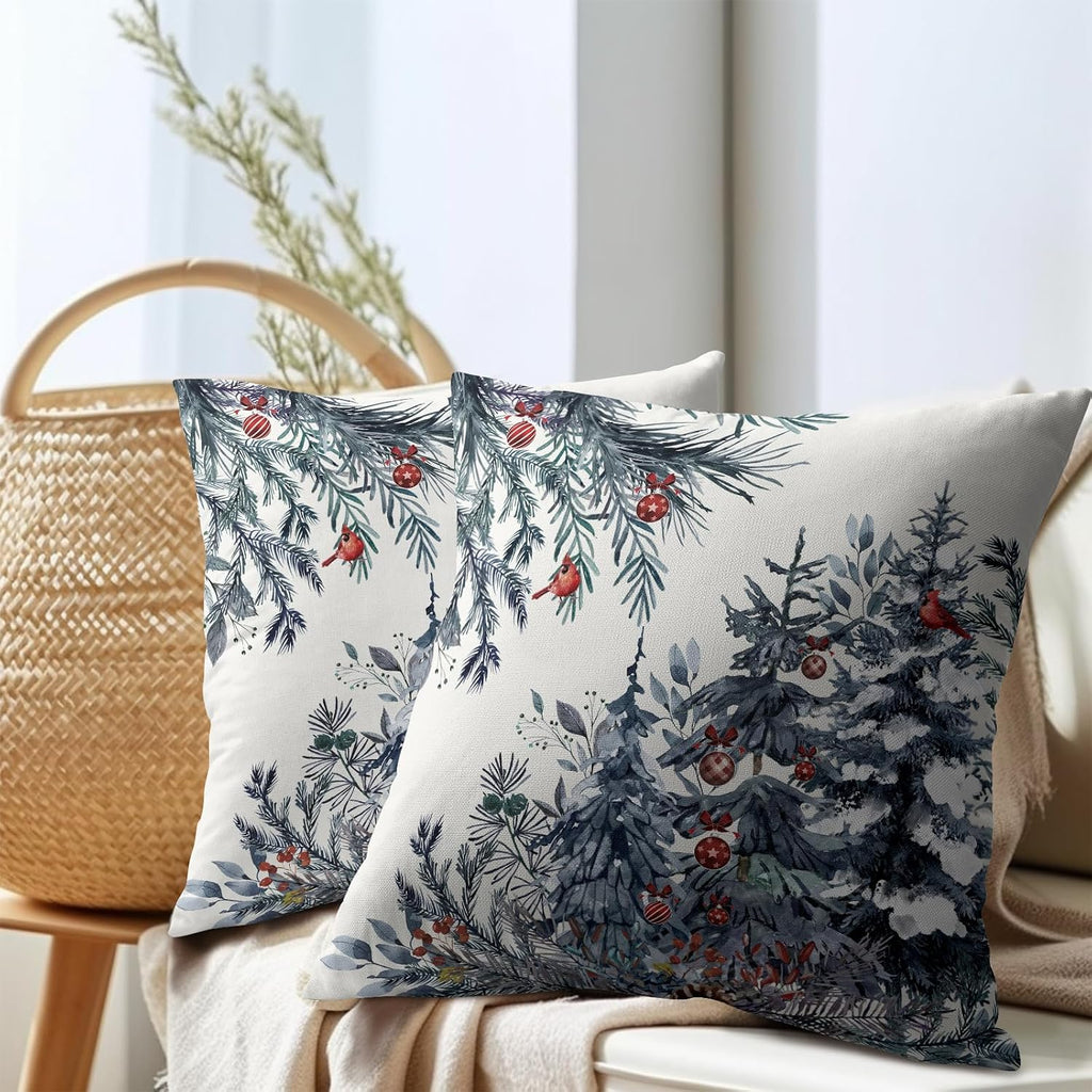 Granbey Christmas Tree Throw Pillow Covers 20x20 Inch Set of 2 Winter Watercolor Blue Grey Pine Trees Berry Bells Birds Decorative Pillowca…