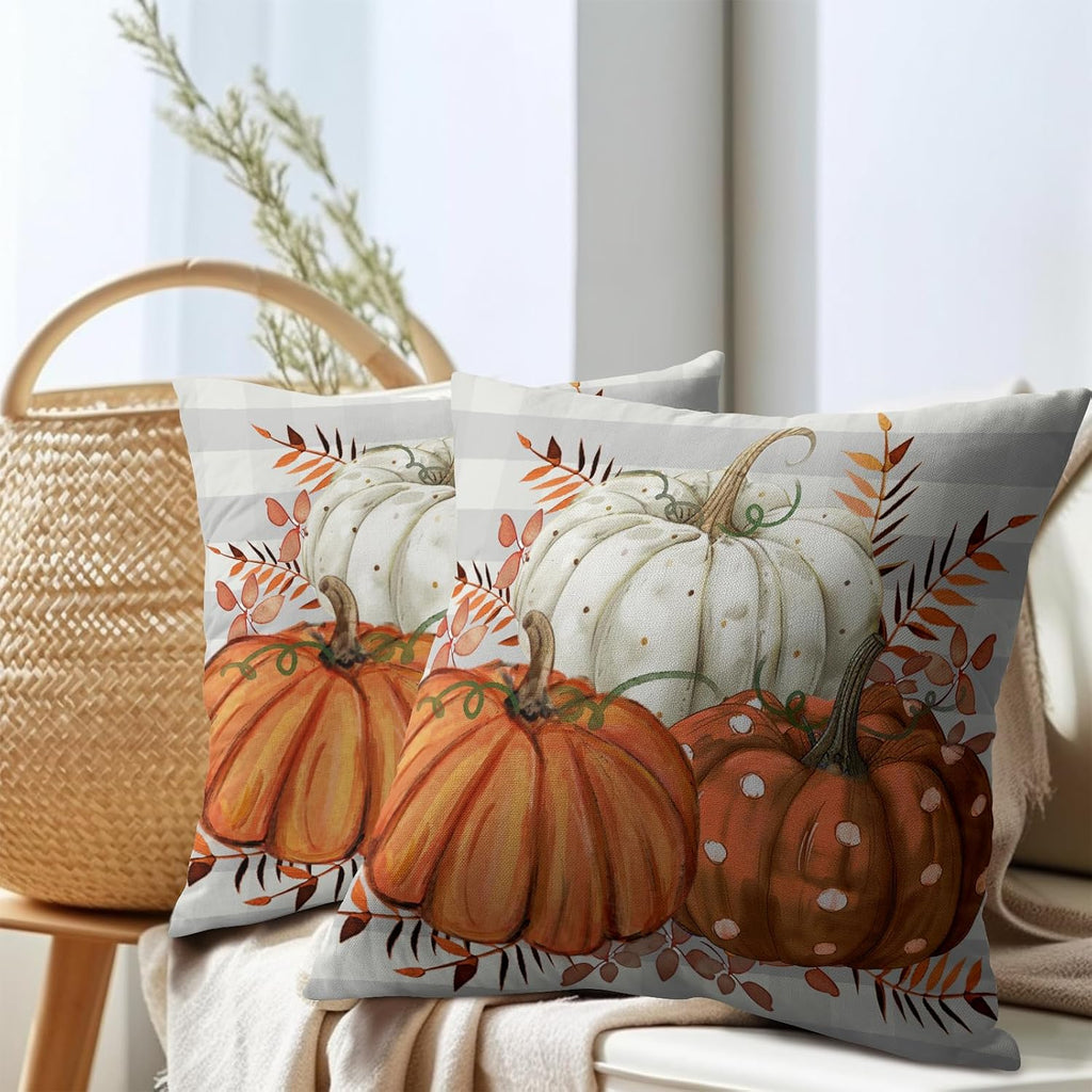 Fall Pumpkins Outdoor Pillows 20x20 Inch Set of 2 Autumn Harvest Pumpkin Pillowcase Buffalo Plaid Maple Leaves Decorative Throw Cushion…