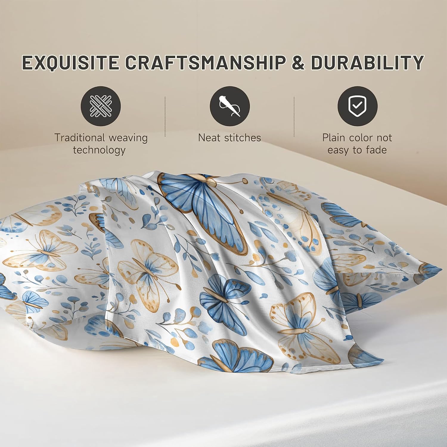 Satin Pillowcase for Hair and Skin Vintage Blue and Beige Butterfly Super Soft and Cooling Similar to Silk Pillow Case 1 Pack with Hidden…