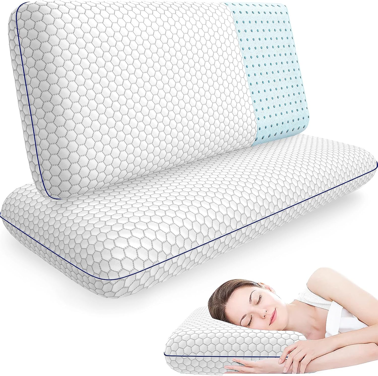 CushyOasis Memory Foam Pillows for Side, Back and Stomach Sleepers, Set of 2, Bed Pillow with Washable Cover and Breathable Mesh, Bed…