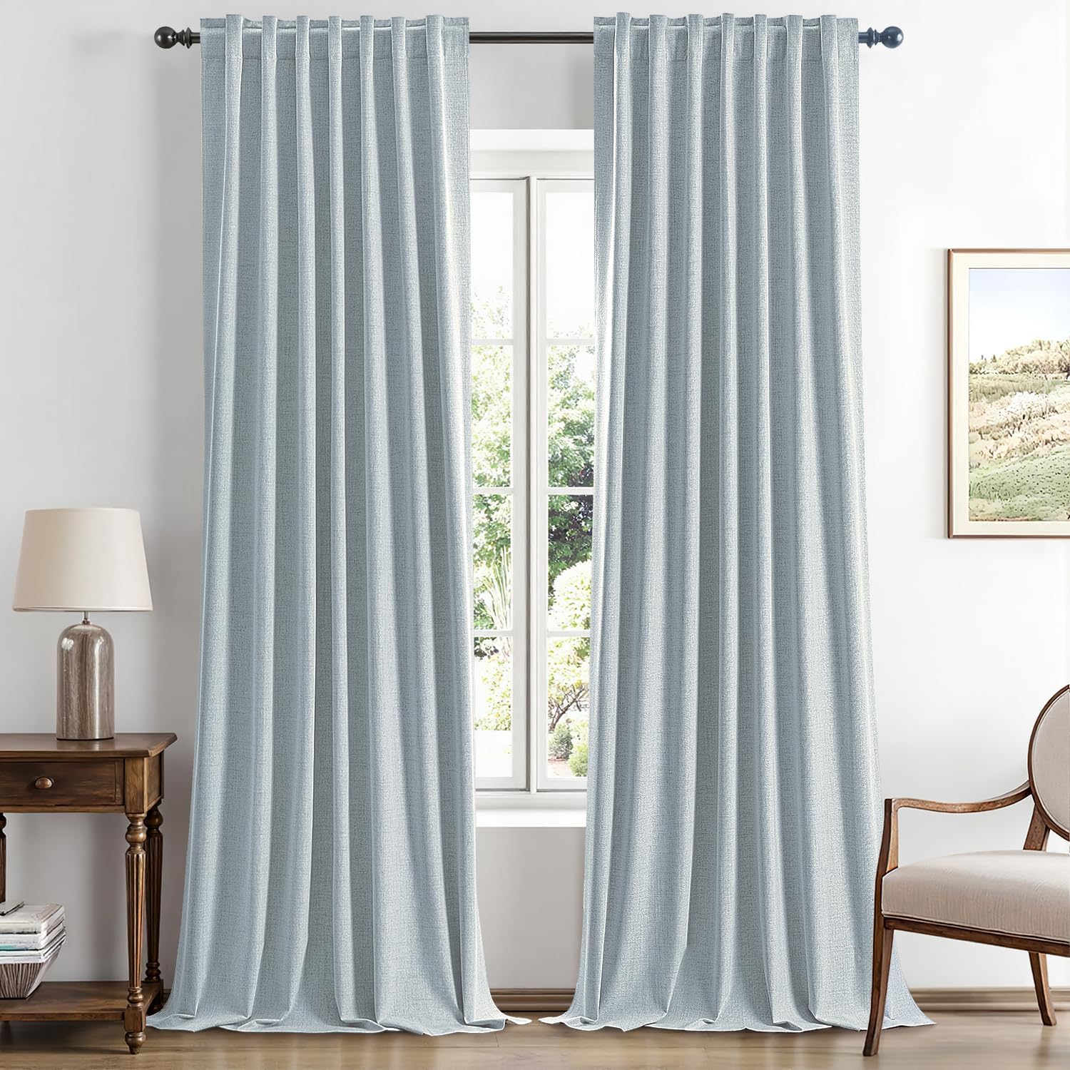 Miulee 100% Blackout Linen Curtains for Bedroom, Chambray Blue Solid Luxury Decor Thermal Insulation Room Darkening Drapes for Living Room…