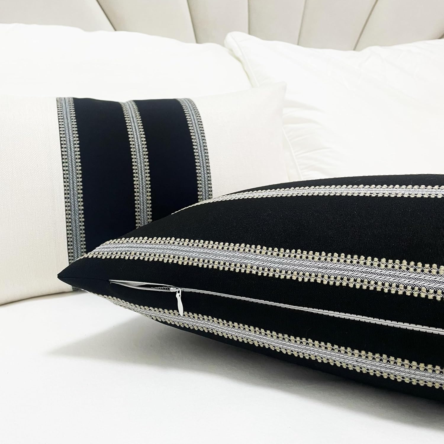Slow Cow Decorative Rectangular Throw Pillow Cover Textured Woven Stripe Lumbar Cushion Cover for Couch Sofa 12 x 24 Inches Black Mixed…