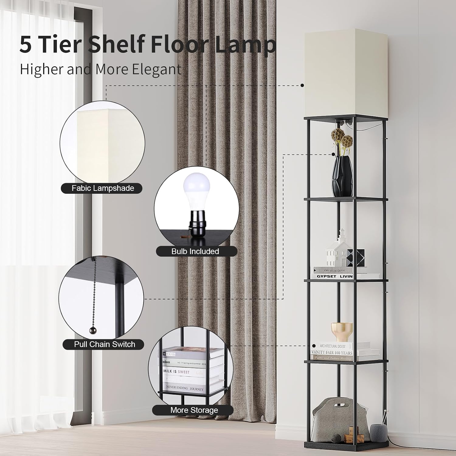 SUNMORY 5 Tier Floor Lamp with Shelves, Modern Square Standing Lamp with 3 Color Temperature Bulb, Corner Display Bookshelf Lamp for…