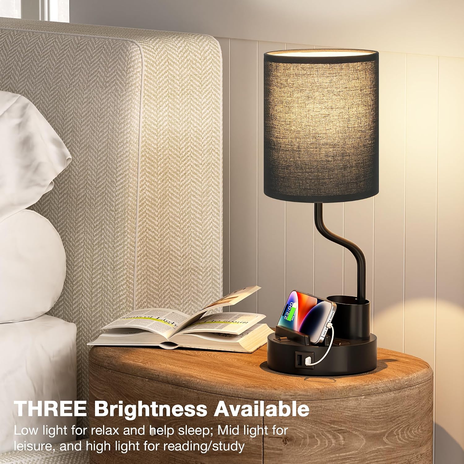 Black Bedside Table Lamps for Bedroom Set of 2 - Nightstand Light with AC Outlet and USB A & C for Charging, 3 Color Temperatures Desk…
