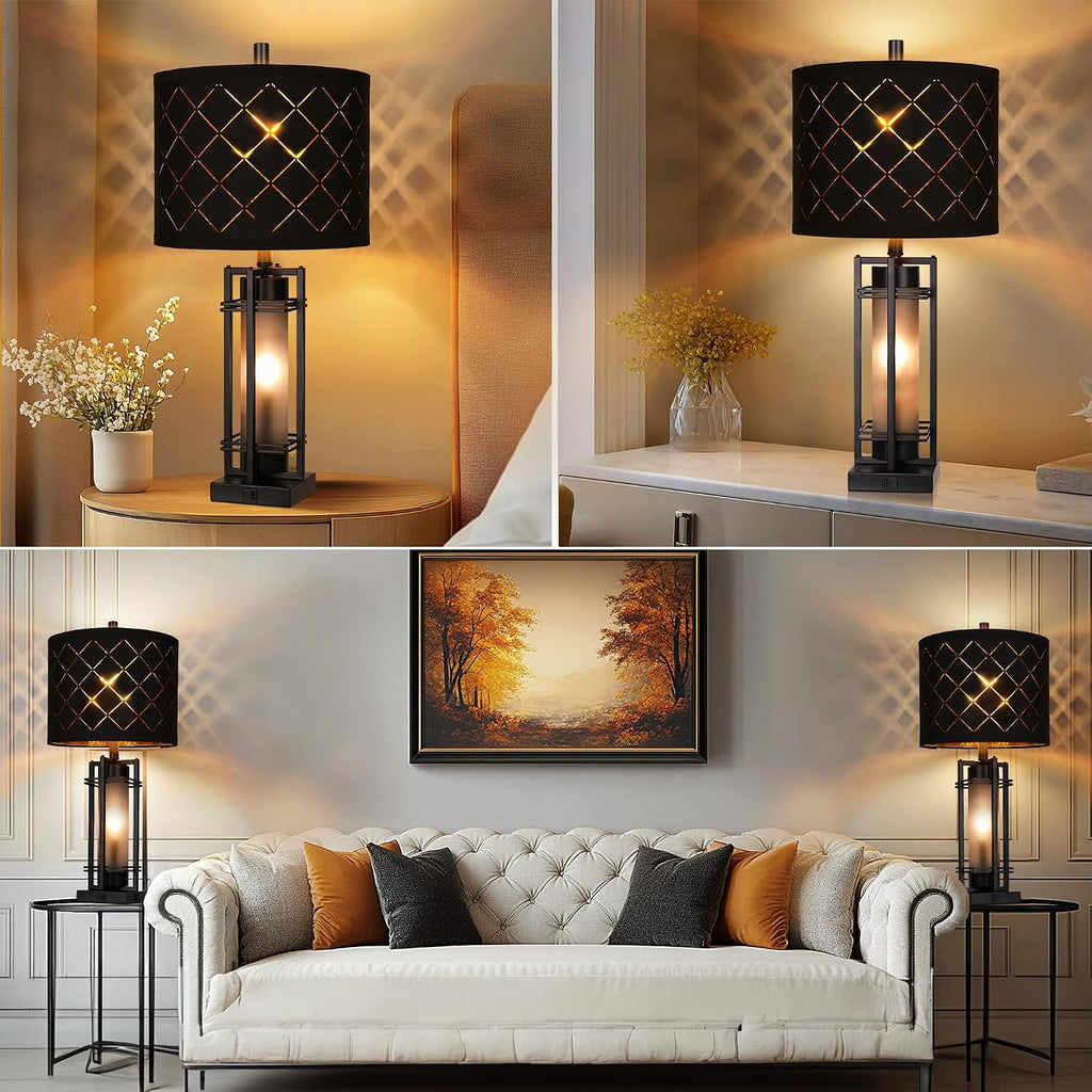 Modern Table Lamp Set of 2, Nightstand Lamps with Black Grid Shade, Bedside Lamps with USB A+C Charging Ports, Decorative Table Lamp…
