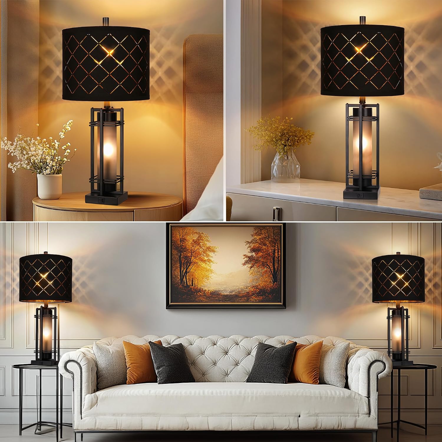 Modern Table Lamp Set of 2, Nightstand Lamps with Black Grid Shade, Bedside Lamps with USB A+C Charging Ports, Decorative Table Lamp…