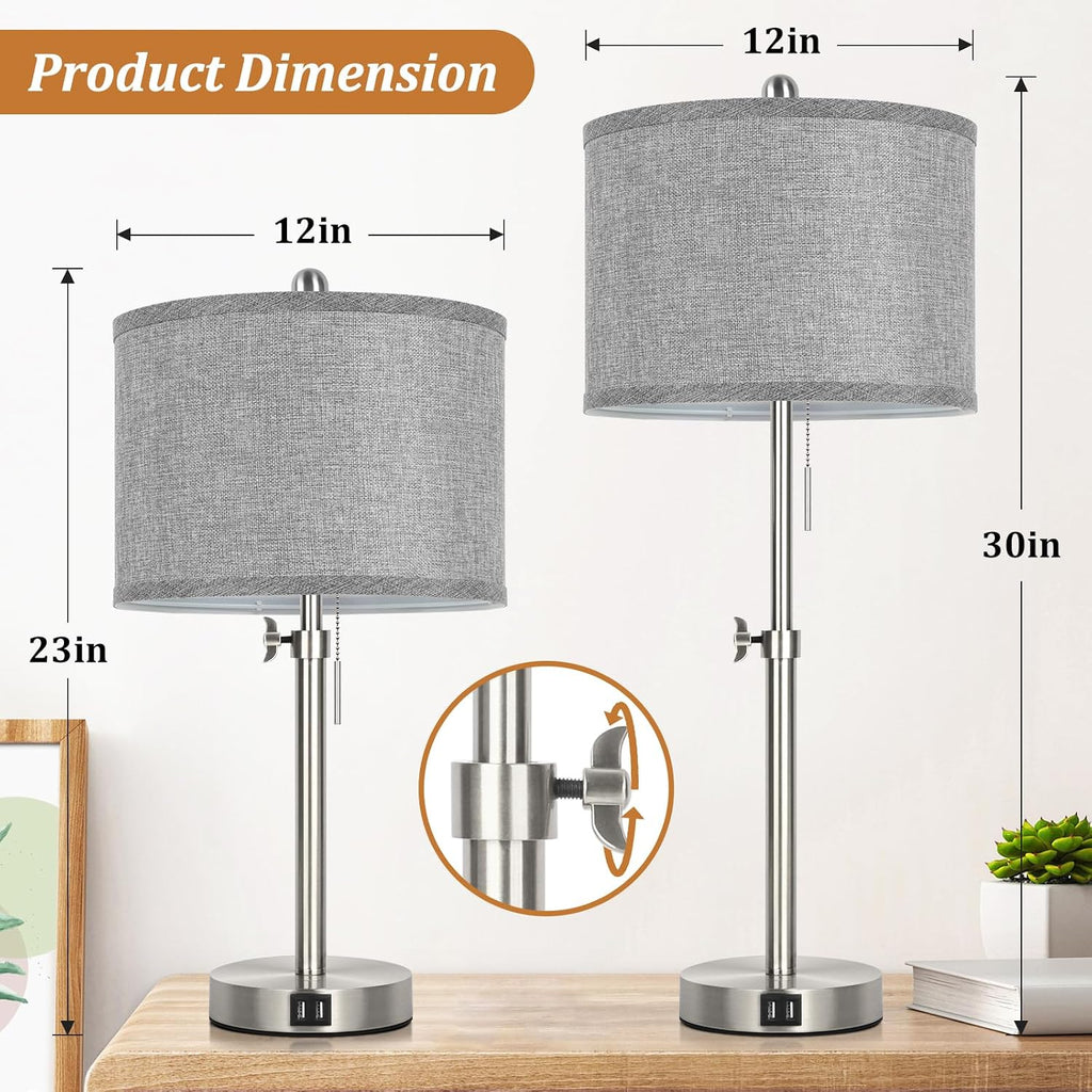 Silver Table Lamps Set of 2 for Living Room Bedroom, 23''-30'' Adjustable Height Bedside Lamps with 2 USB Ports, Industrial Nickle…