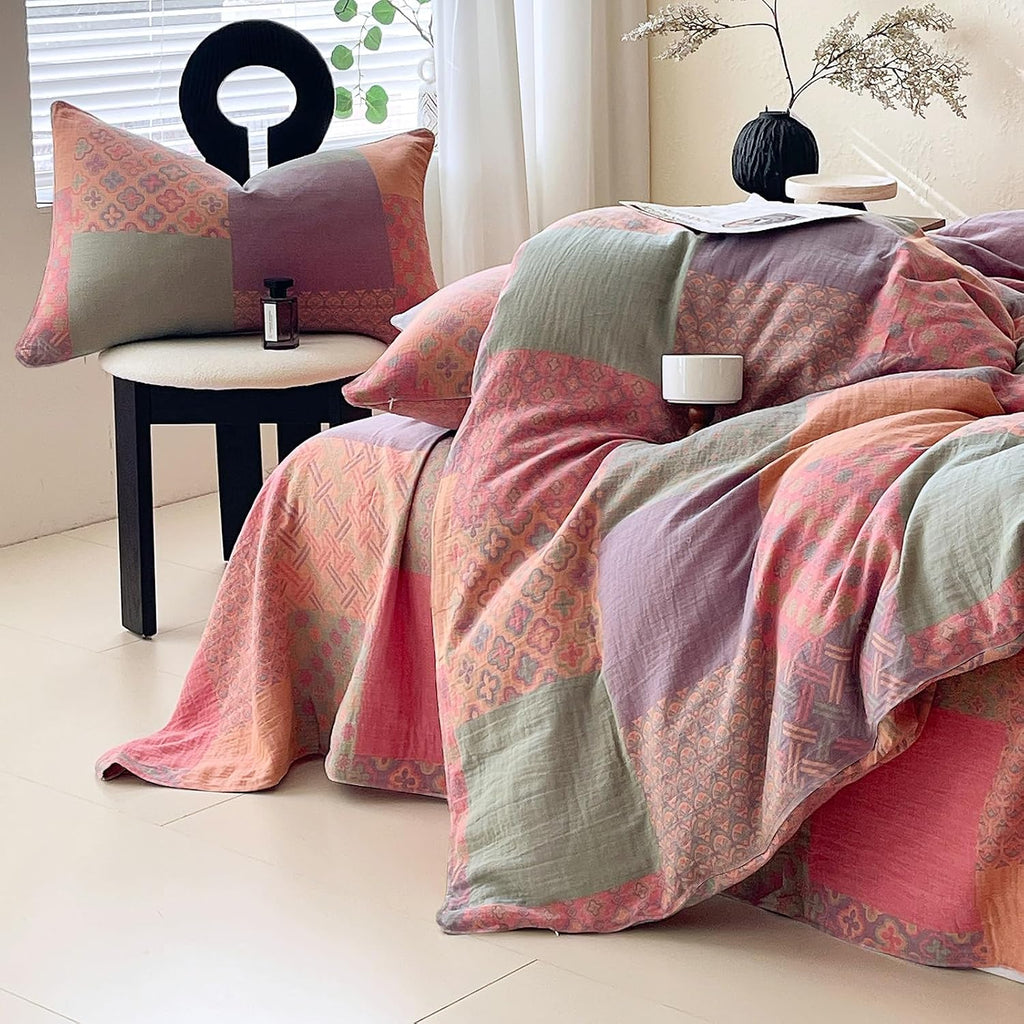 mixinni 100% Cotton Double Layer Yarn Duvet Cover Set, Vintage Patchwork Floral Jacquard Textured Comforter Cover, Reversible Boho Bedding…