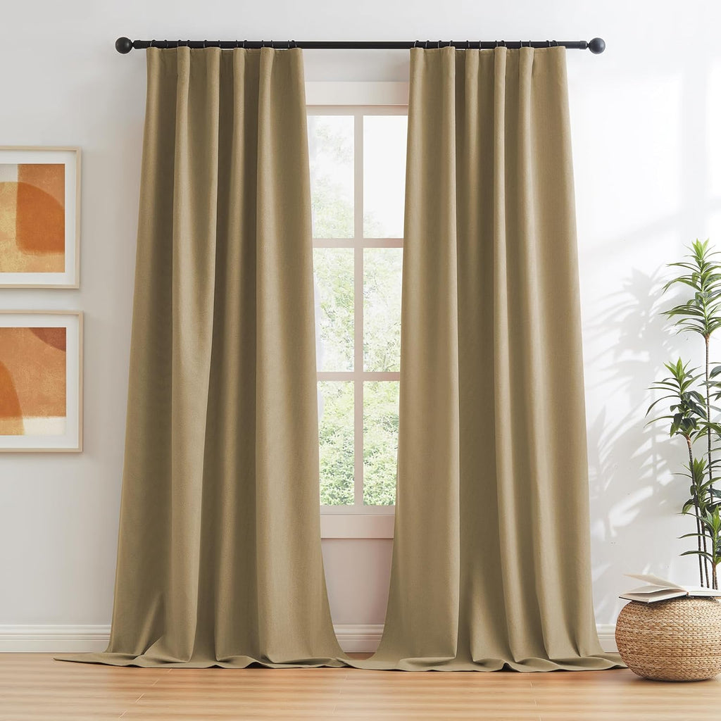 Keqiaosuocai Burlap Linen Blackout Curtains for Ceiling Track System Back Tab, Loop Pocket Curtains Pinch Pleated Drapes for Patio Sliding…