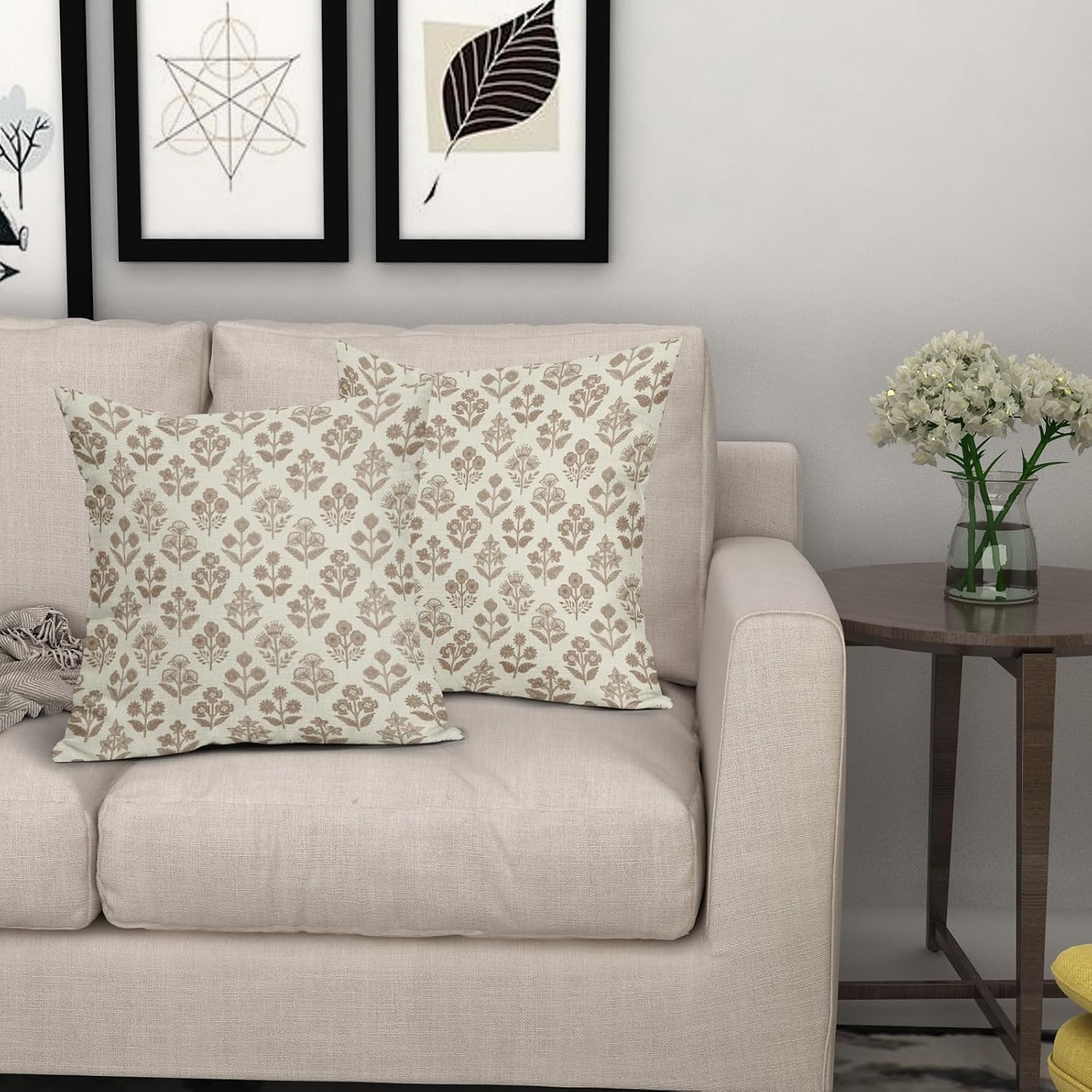 Brown Floral Pillow Covers 20x20 Inch Set of 2, Vintage Flower Block Print Pattern Decorative Throw Pillowcases Outdoor Farmhouse Cushion…