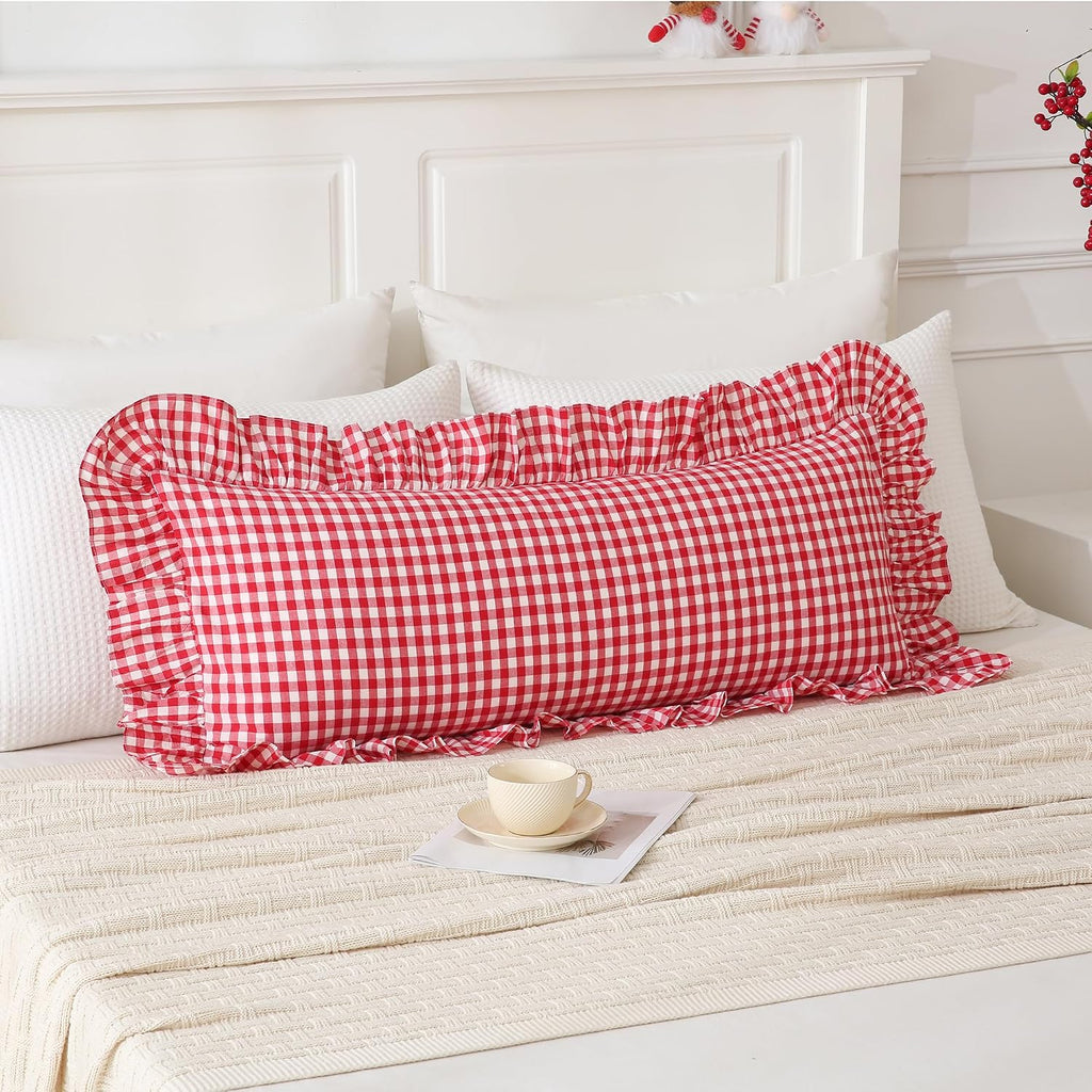 Qilunn 14x36 inches Red/White Plaid Ruffle Lumbar Gingham Pillow Sham 1 Piece, Pure Cotton Decor Pillowcase Farmhouse Pillow Cover for Bedd…