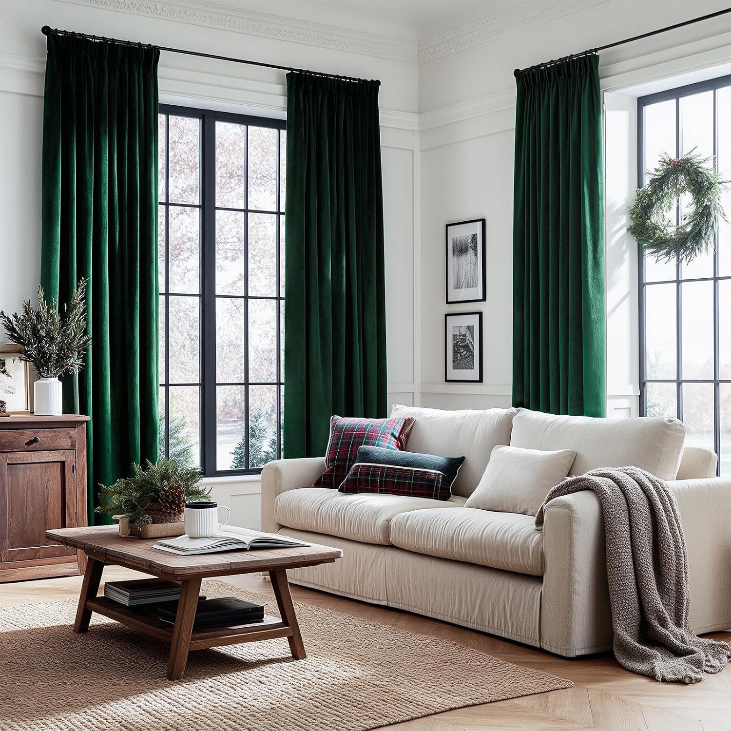 Drapenova 96 Inches Long Green Velvet Curtains for Bedroom Living Room Christmas Green Pinch Pleated Blackout Thermal Curtain Drapes…