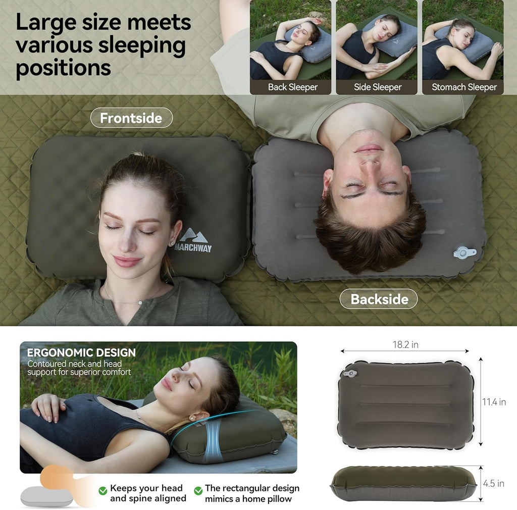 MARCHWAY Inflatable Camping Pillow with Soft Foam Top & TPU Air Bladder, Dual-Sided Support for All-Season, Lightweight Compact Travel…