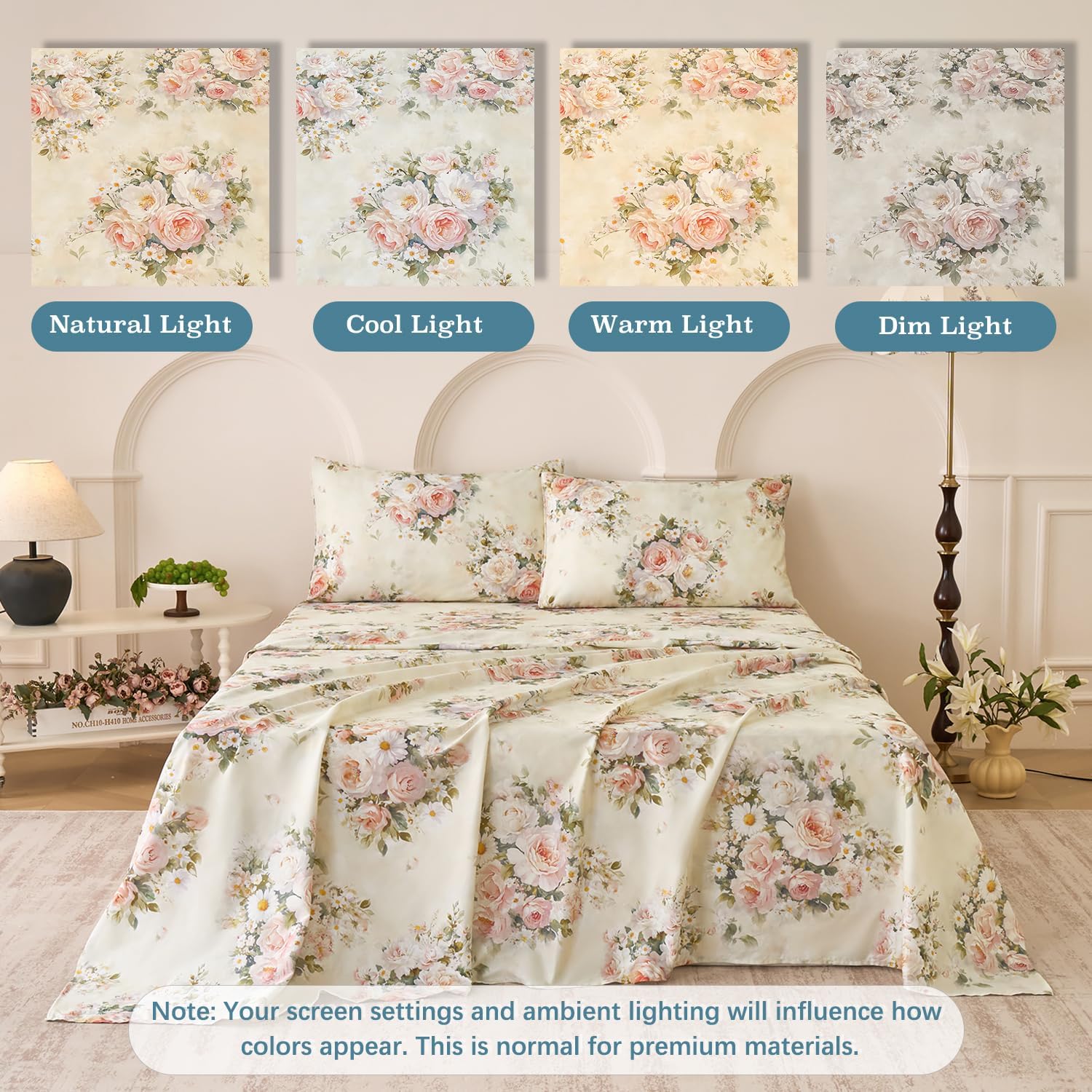 Softtouchsweetdreams Silky Floral Bed Sheets Full Size Cream 100% Cotton Blush Pink Rose Printed Sheet Set, Satin Weave Cooling Sheets for…