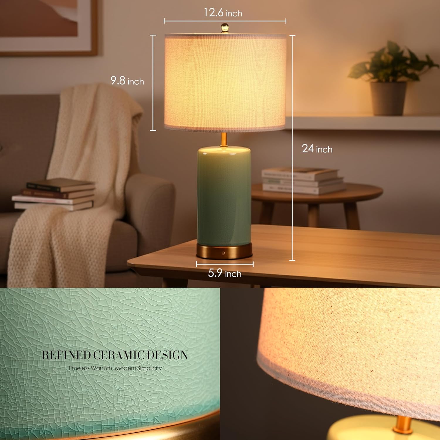 O’Bright Dune - Battery Powered Table Lamp, Rechargeable Cordless Ceramic Lamp, Full-Size 24 Inch Height, 4-Level Dimming, Smart Safety…