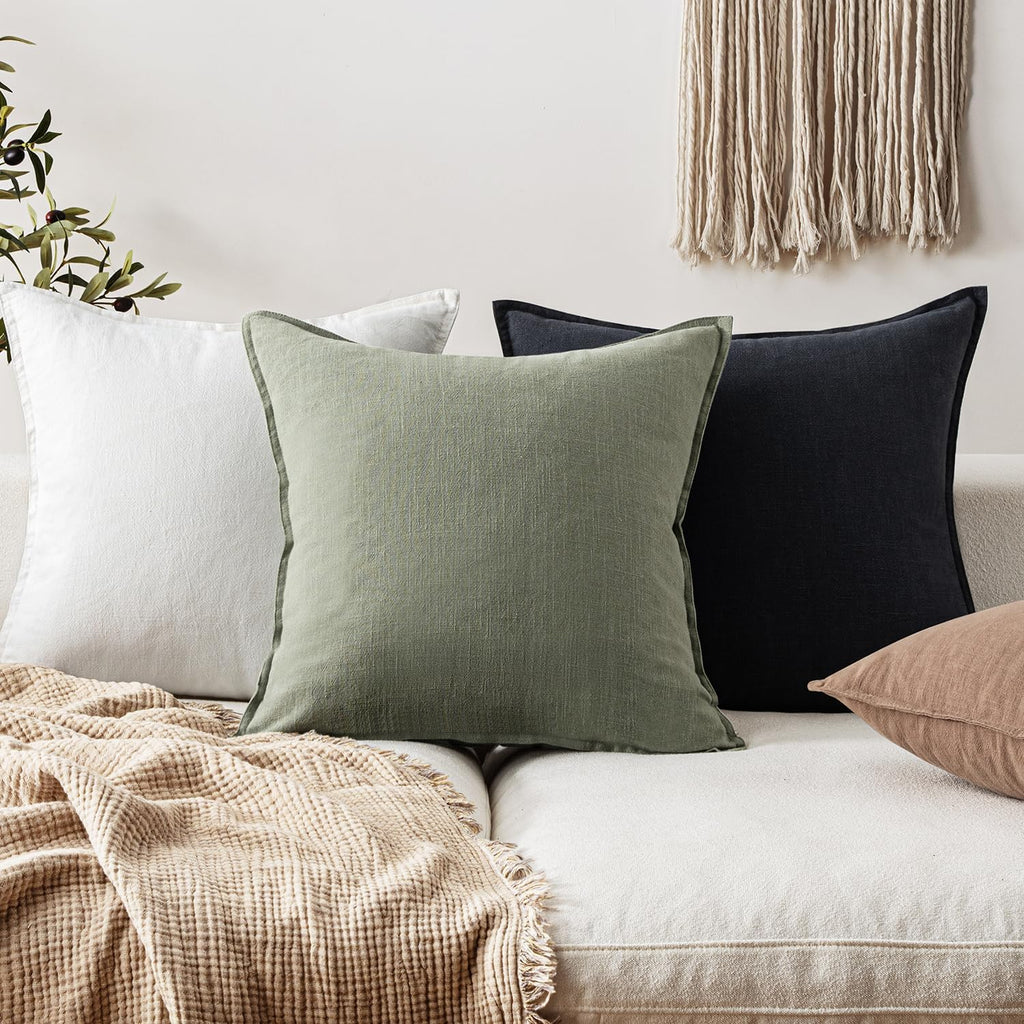 EMEMA Throw Pillow Covers Decorative Linen Pillow Covers 26x26 Inch Light Olive Green Boho Farmhouse Neutral Couch Throw Pillows for Bed…