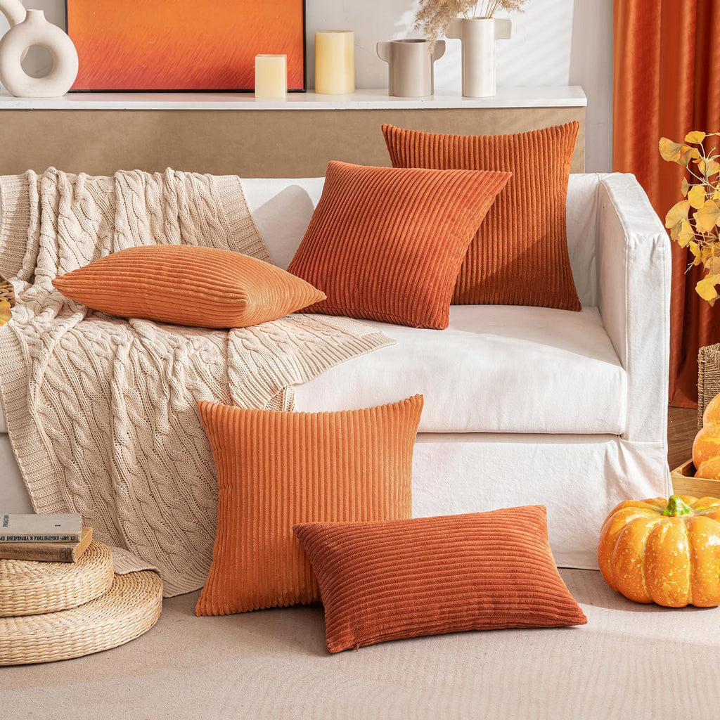 MIULEE Pack of 2 Rust Pillow Covers 12x20 Inch Soft Boho Striped Corduroy Throw Pillow Covers Set Decorative Square Cushion Cases…
