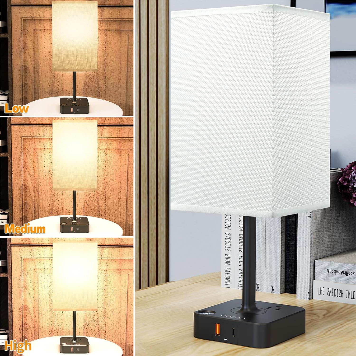 Table Lamp Dimmable cozoo USB Bedside Table Desk Lamp with 2 USB Charging Port(A+C) 2 Outlet, Nightstand Lamp with Charger Base White…