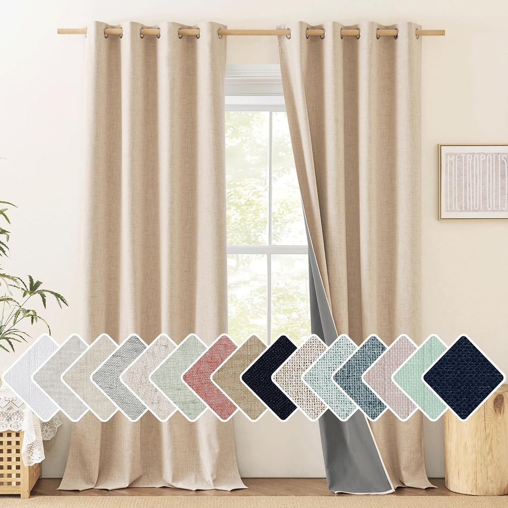 NICETOWN Cream Linen 100% Blackout Curtains 120 inches Length 2 Panels Set with Thermal Insulated Liners, 52" Width, Farmhouse Style…