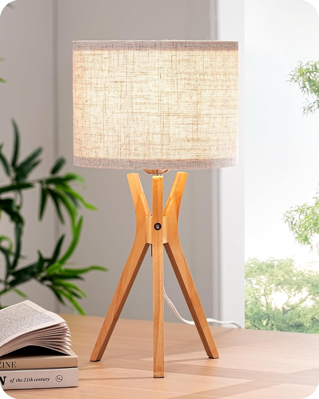Edishine Tripod Table Lamp, 17.5" Modern Bedside Lamp with Natural Wood-Colored Lamp Legs & Beige Linen Lampshade, Boho Nightstand Lamp for…