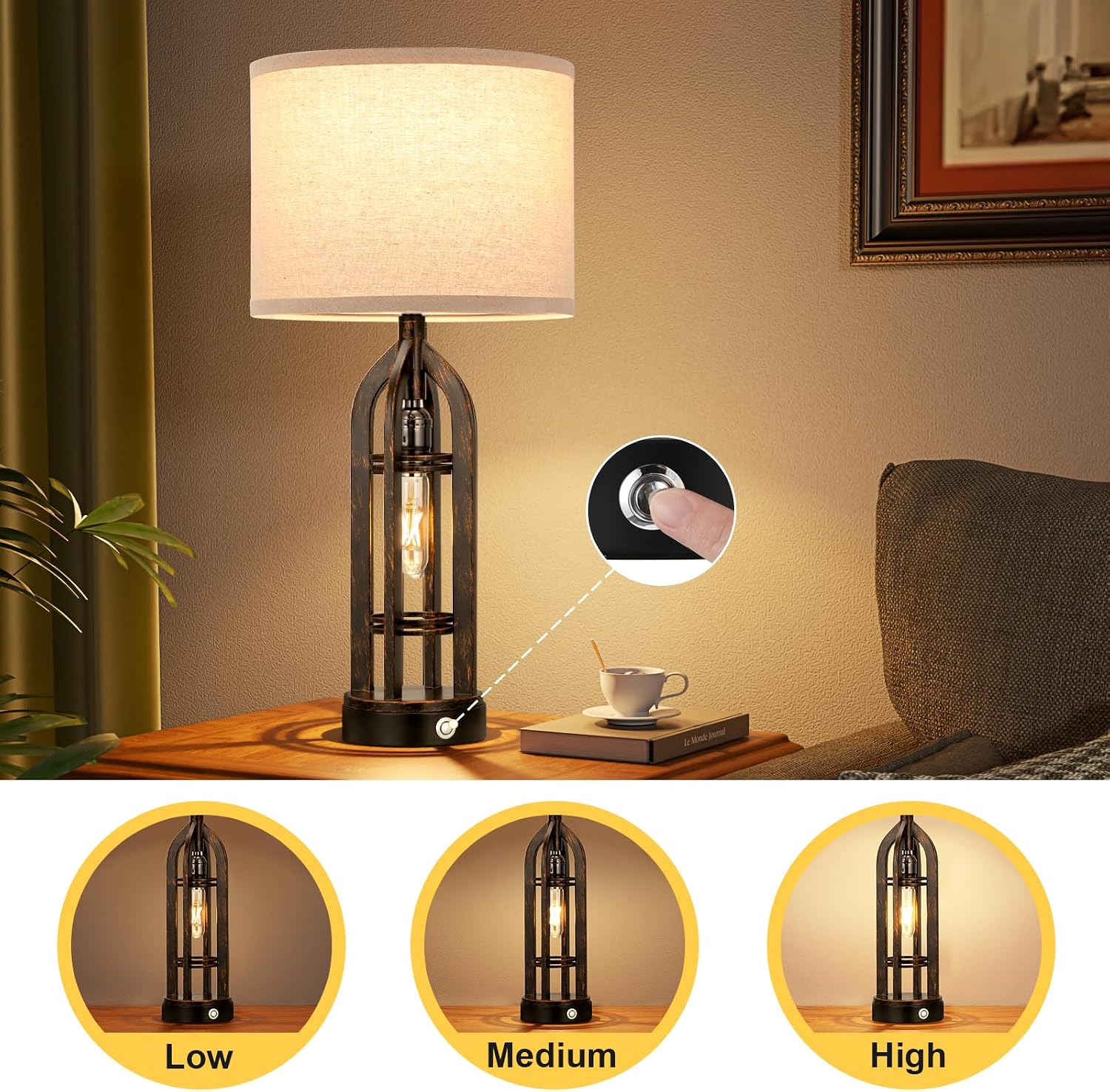 Seealle Table Lamp for Living Room Set of 2 - Copper Bedside Lamp for Bedroom with USB C+A & Outlet, Farmhouse Lamps for Night Stands…