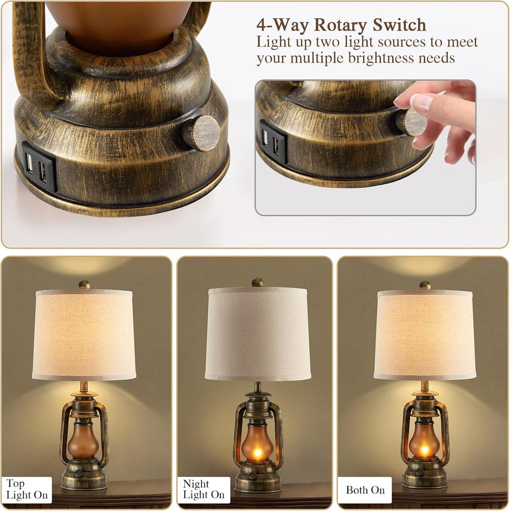 Set of 2 Farmhouse Lantern Table Lamps for Living Room with 2 USB Charging Ports, Rustic Vintage Nightstand Lamps with Nightlight for…