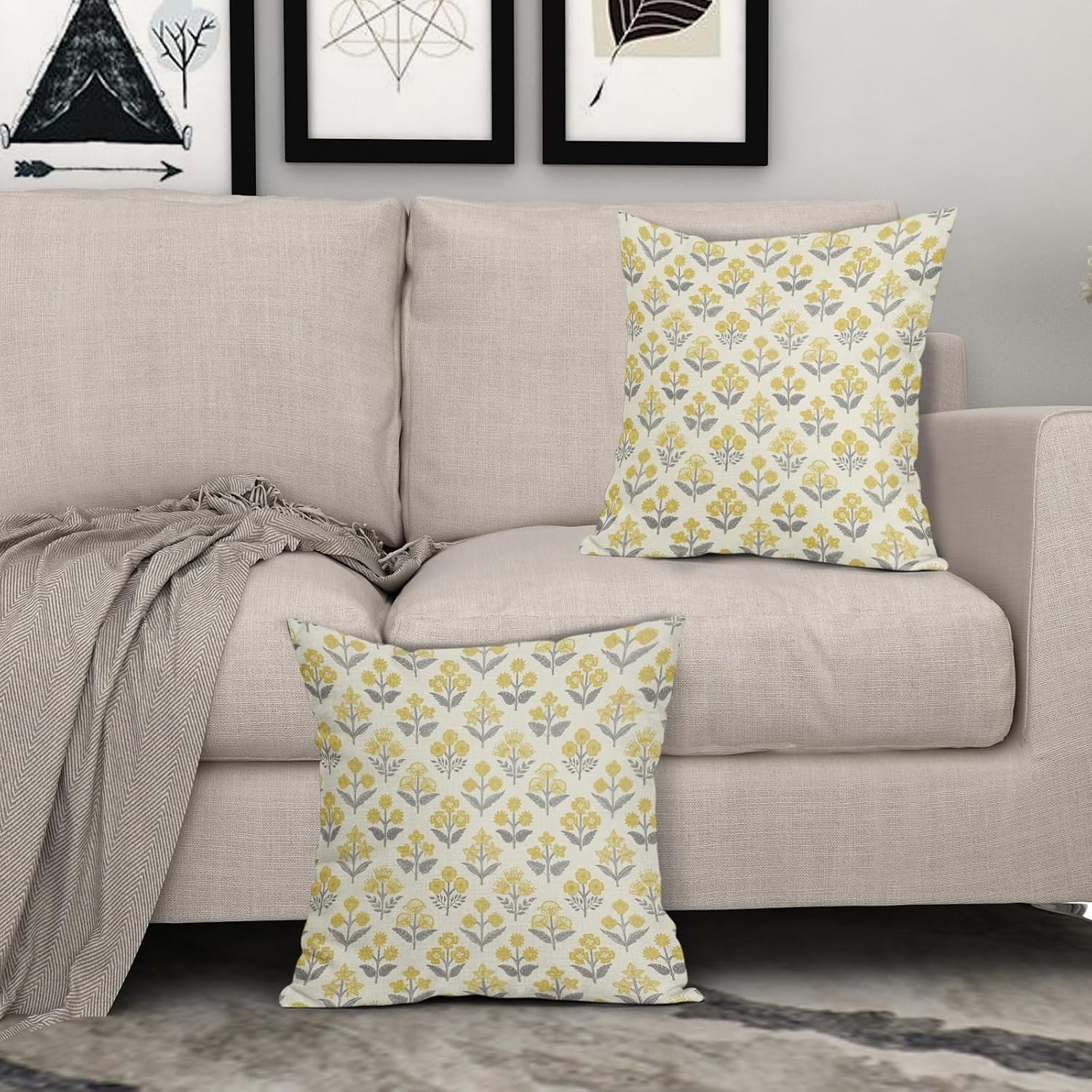 Yellow Grey Gray Floral Pillow Covers 22x22 Inch Set of 2, Vintage Flower Block Print Pattern Decorative Throw Pillowcases Outdoor…