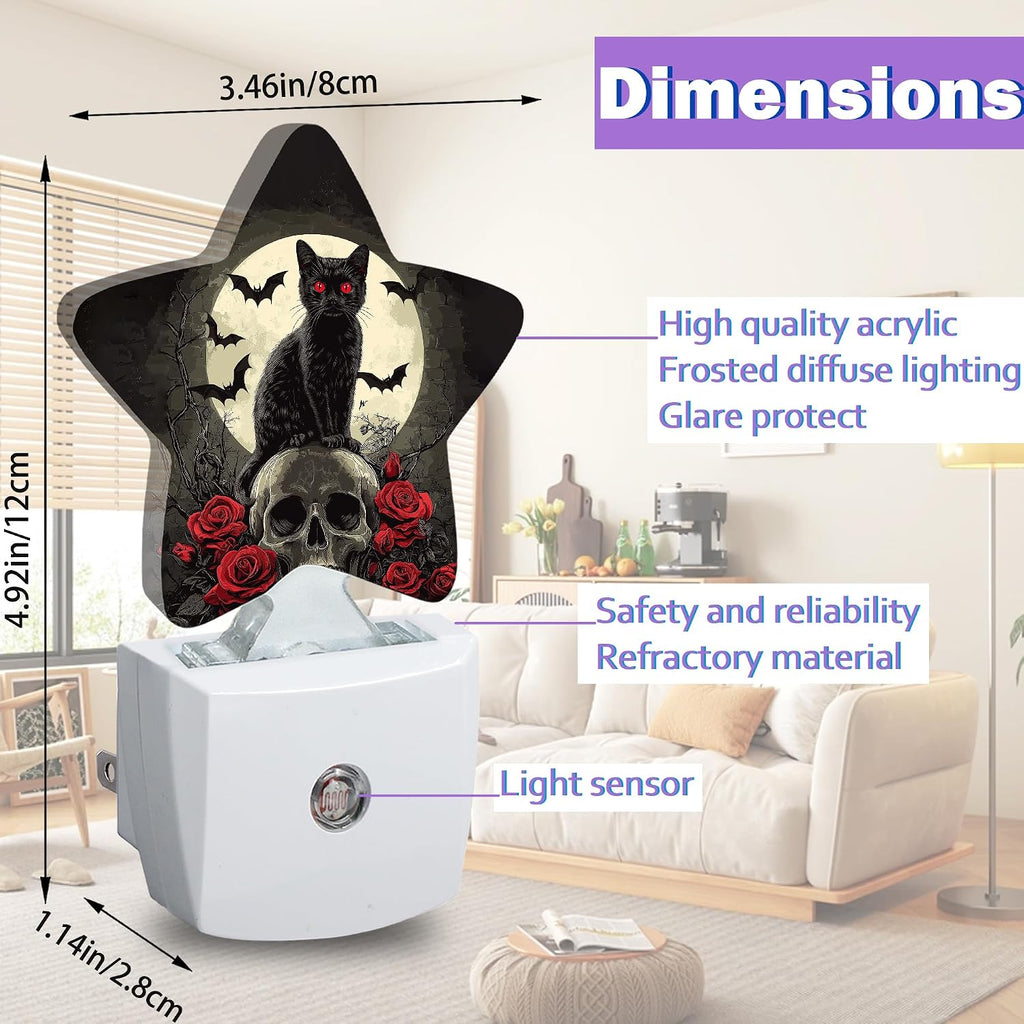 Gothic Black Cat Night Light for Kids, Halloween Skull Bat Rose Flower Night Lights Plug Into Wall, Lightweight Dusk To Dawn Light Sensor…