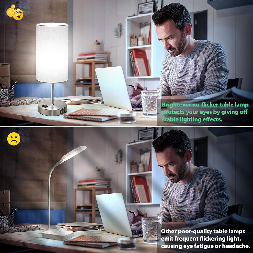 Brightever Set of 2 Touch Control Table Lamps with 2 USB Charging Ports&AC Outlet, 3-Way Dimmable Bedside Nightstand Lamps with White Fabri…