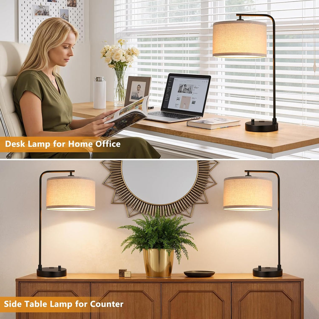 Innqoo Bedside Table Lamps for Bedroom Set of 2-Dimmable Nightstand Lamps with USB Port and Outlet, Modern Black Lamps with Linen…