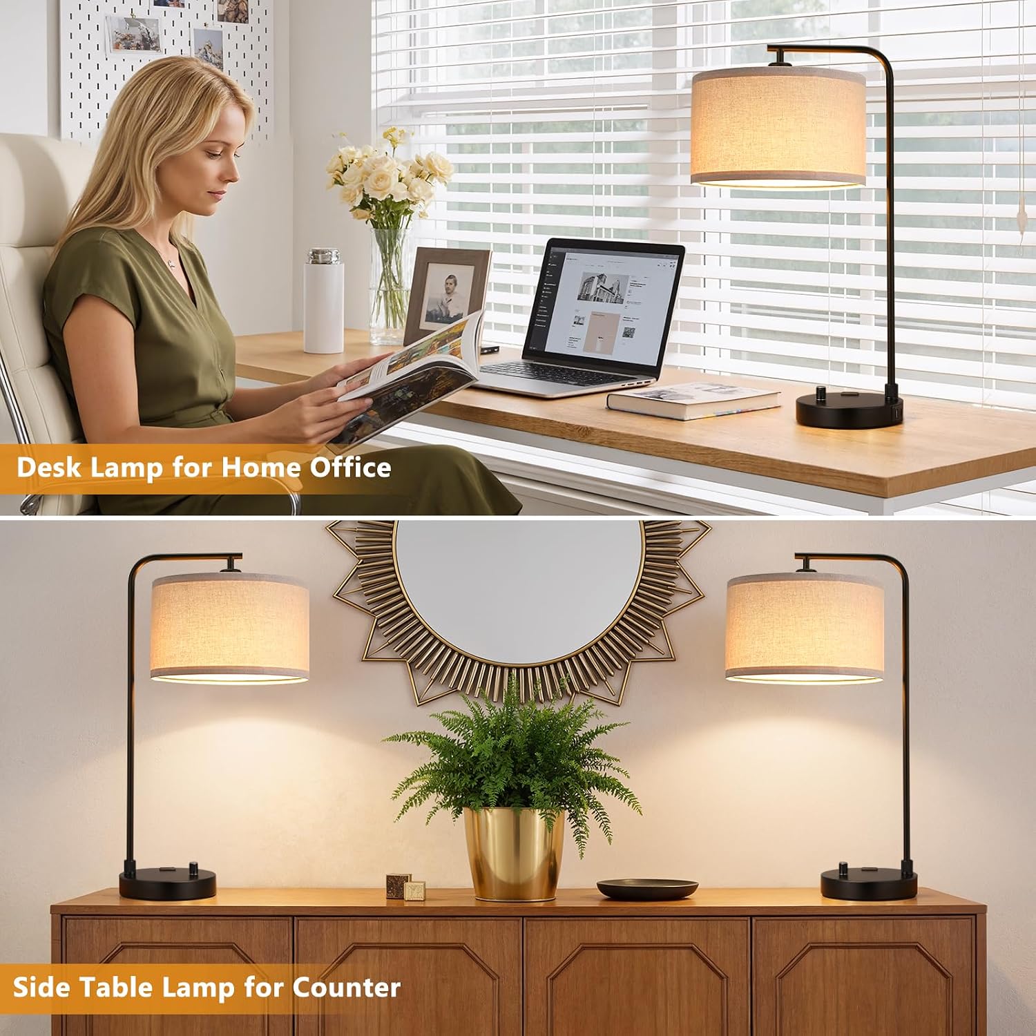 Innqoo Bedside Table Lamps for Bedroom Set of 2-Dimmable Nightstand Lamps with USB Port and Outlet, Modern Black Lamps with Linen…