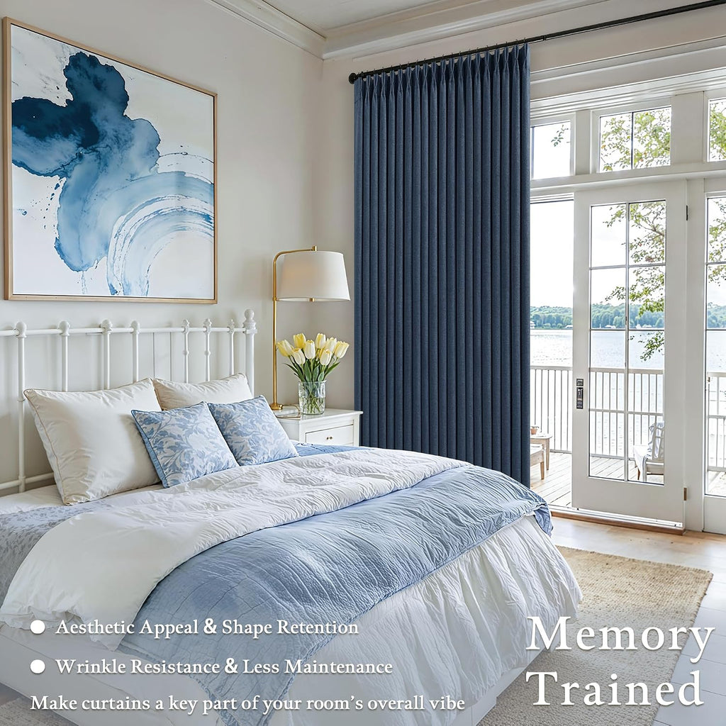 Twodrapes Navy Blue 108 Inch Pinch Pleated Blackout Linen Curtains for Bedroom 2 Panels Memory Trained 100% Black Out Soundproof Room Darke…