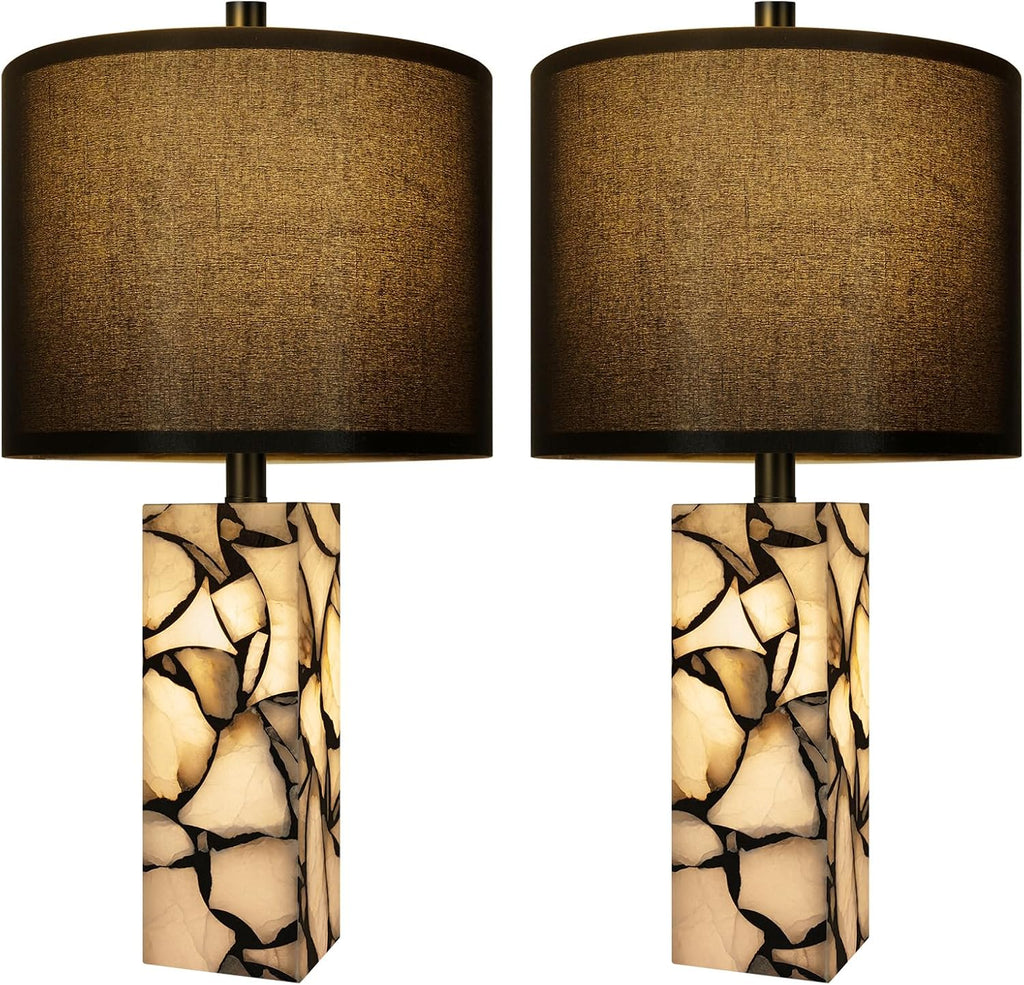 Scenekoy 23" Alabaster Table Lamps Set of 2 with Night Light for Living Room, Rotary Switch, Black Modern Table Lamp with Black Linen…