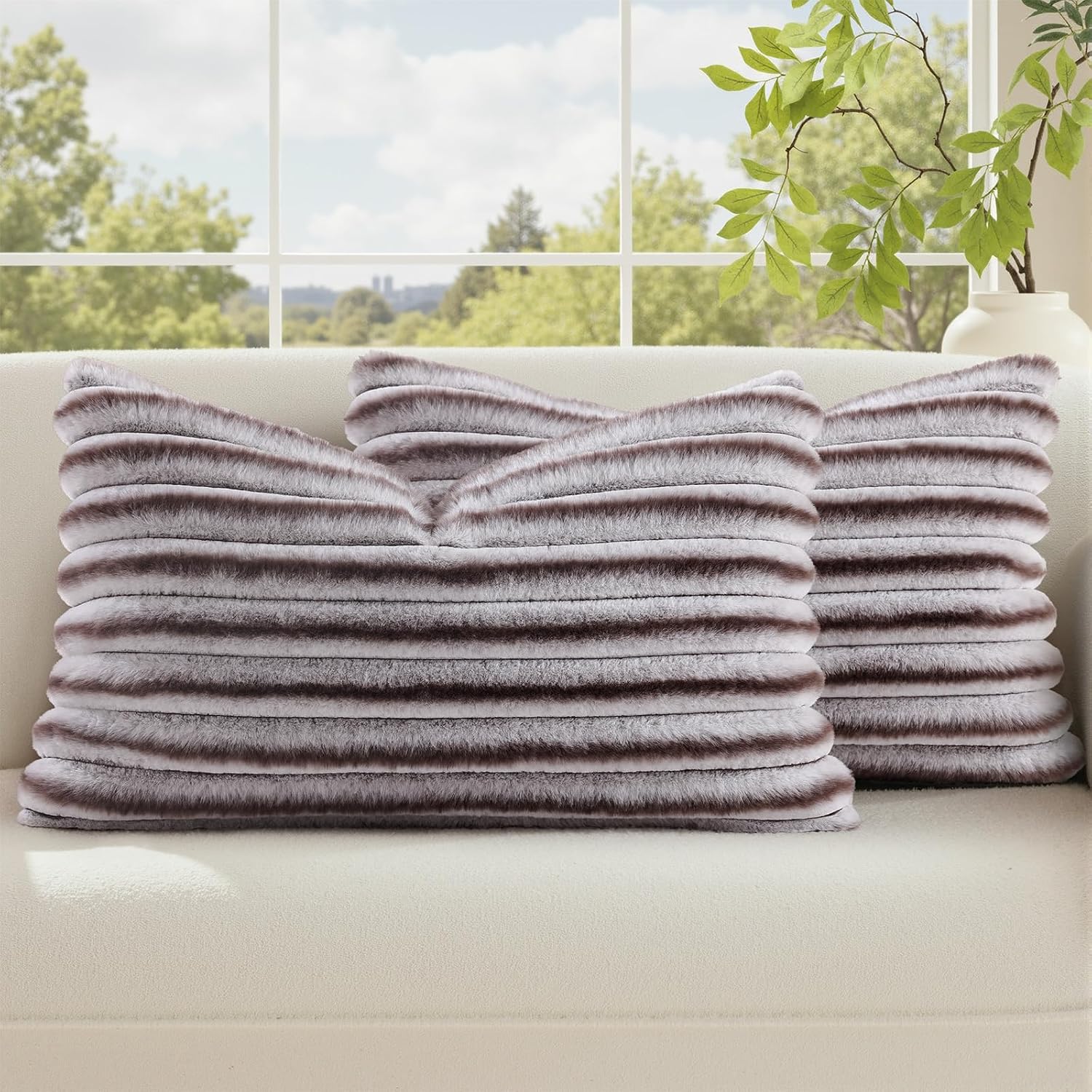 decorUhome Cozy Faux Fur Throw Pillow Covers 12x20 Set of 2 Decorative Soft Plush Striped Lumbar Modern Farmhouse Boho Couch Pillow Cases w…