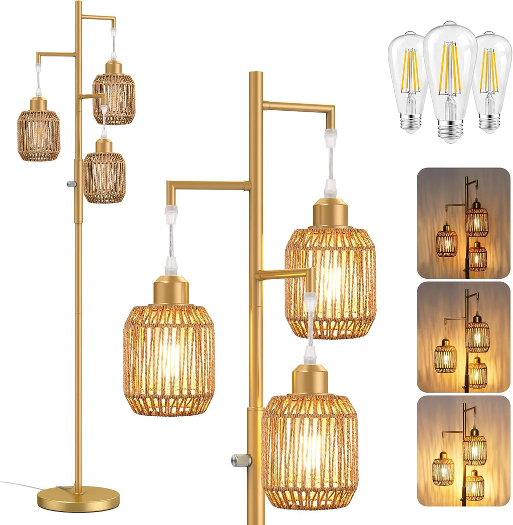 ROTTOGOON Dimmable Boho Floor Lamp - 3 Light Farmhouse Rattan Floor Lamp for Living Room, Industrial Tree Floor Lamps with 3 X 6W LED…