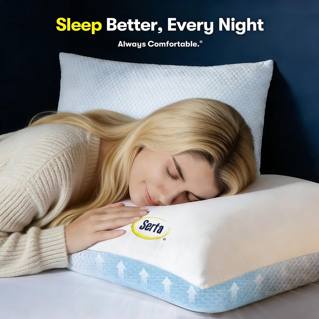 Serta Cooling Down Alternative Bed Pillows Queen Size Set of 2, Reversible Cooling & Cotton Fabric, Medium Firm, Breathable Support for…