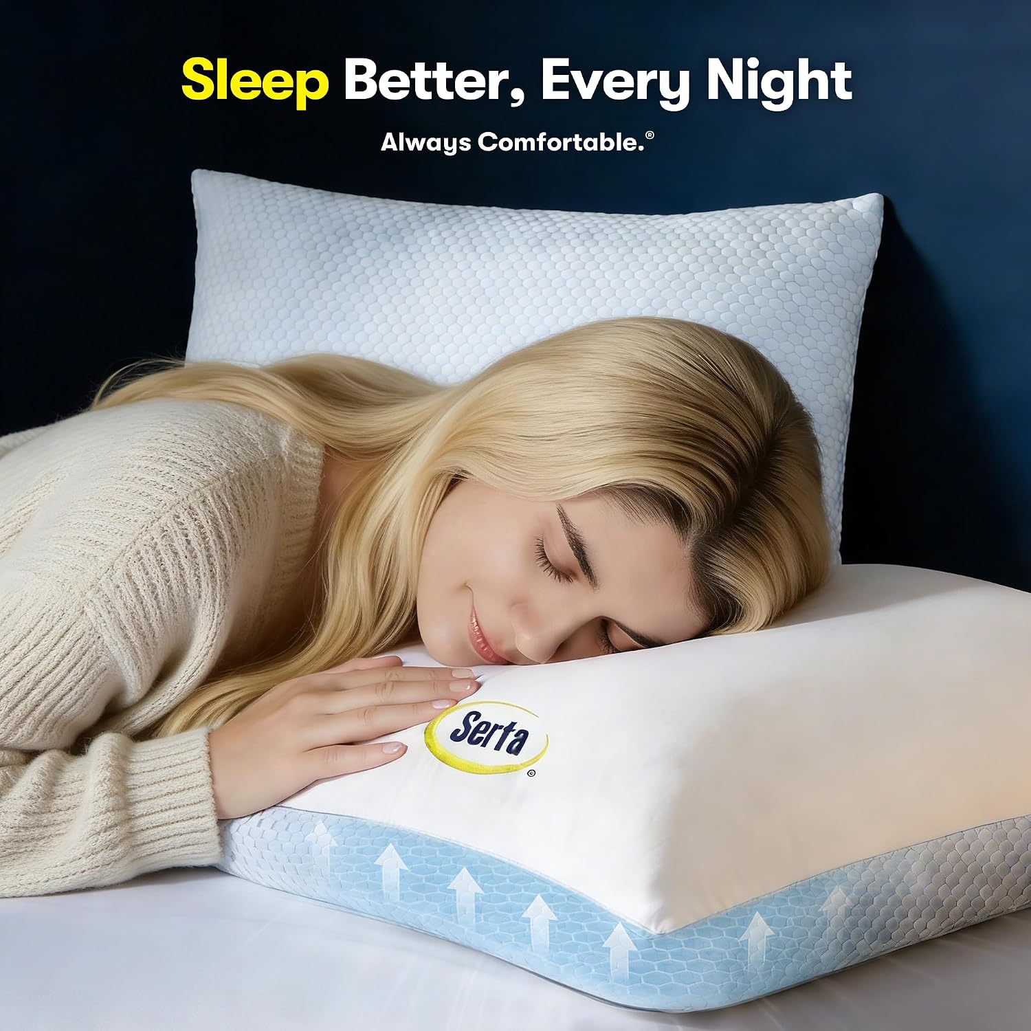 Serta Cooling Down Alternative Bed Pillows Queen Size Set of 2, Reversible Cooling & Cotton Fabric, Medium Firm, Breathable Support for…