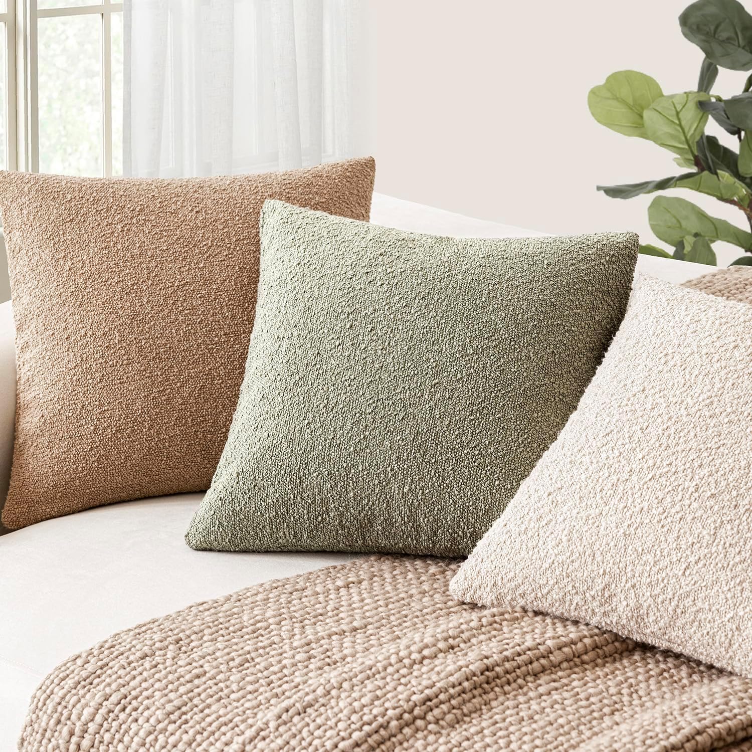 Foindtower Decorative Textured Boucle Throw Pillow Covers Accent Solid Lumbar Pillow Cases Neutral Soft Couch Cushion Case for Chair Sofa…